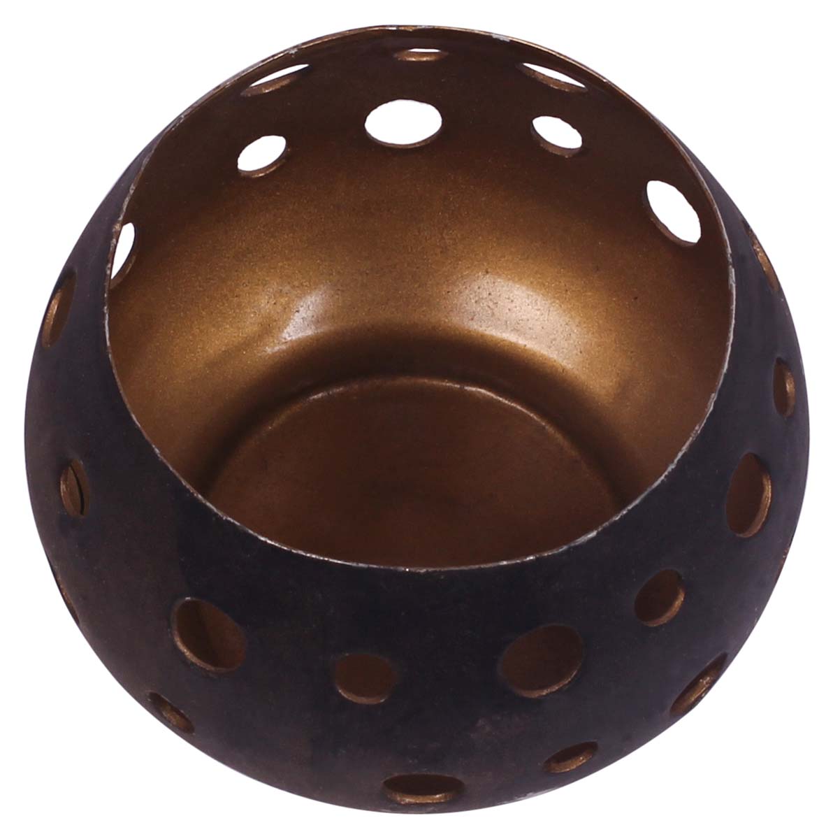 Round-Shaped Tea-Light Candle Holder - Cast in Iron - Black Exteriors & Copper Finish Interiors - Circle-Shaped Cut-Outs - Metal Votive Candle Stands - Party Decorations - Gifts from India - Buy in Bulk Wholesale